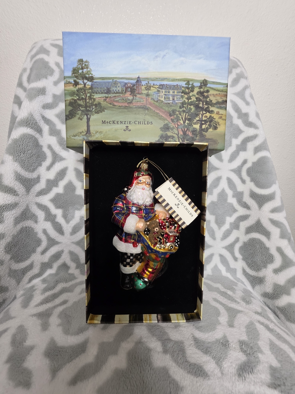 MacKenzie Childs Holly Santa Glass Christmas Ornament Poland Plaid Box 53910-26